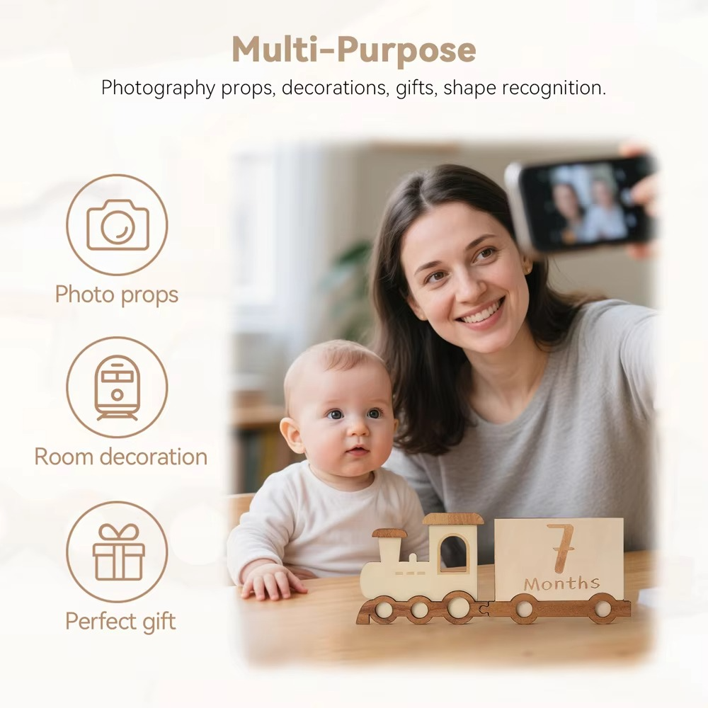 Baby Wooden Train Milestone Cards with Storage Box – 0-12 Months Monthly Milestone Markers – Newborn Photography Props – Baby Birthday Decoration & Keepsake Gift