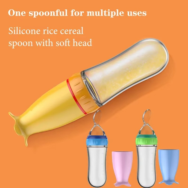 Baby Squeeze Feeding Bottle with Silicone Spoon – Soft Baby Food Feeder for Puree Feeding – Toddler Training Cutlery & Newborn Feeding Accessories