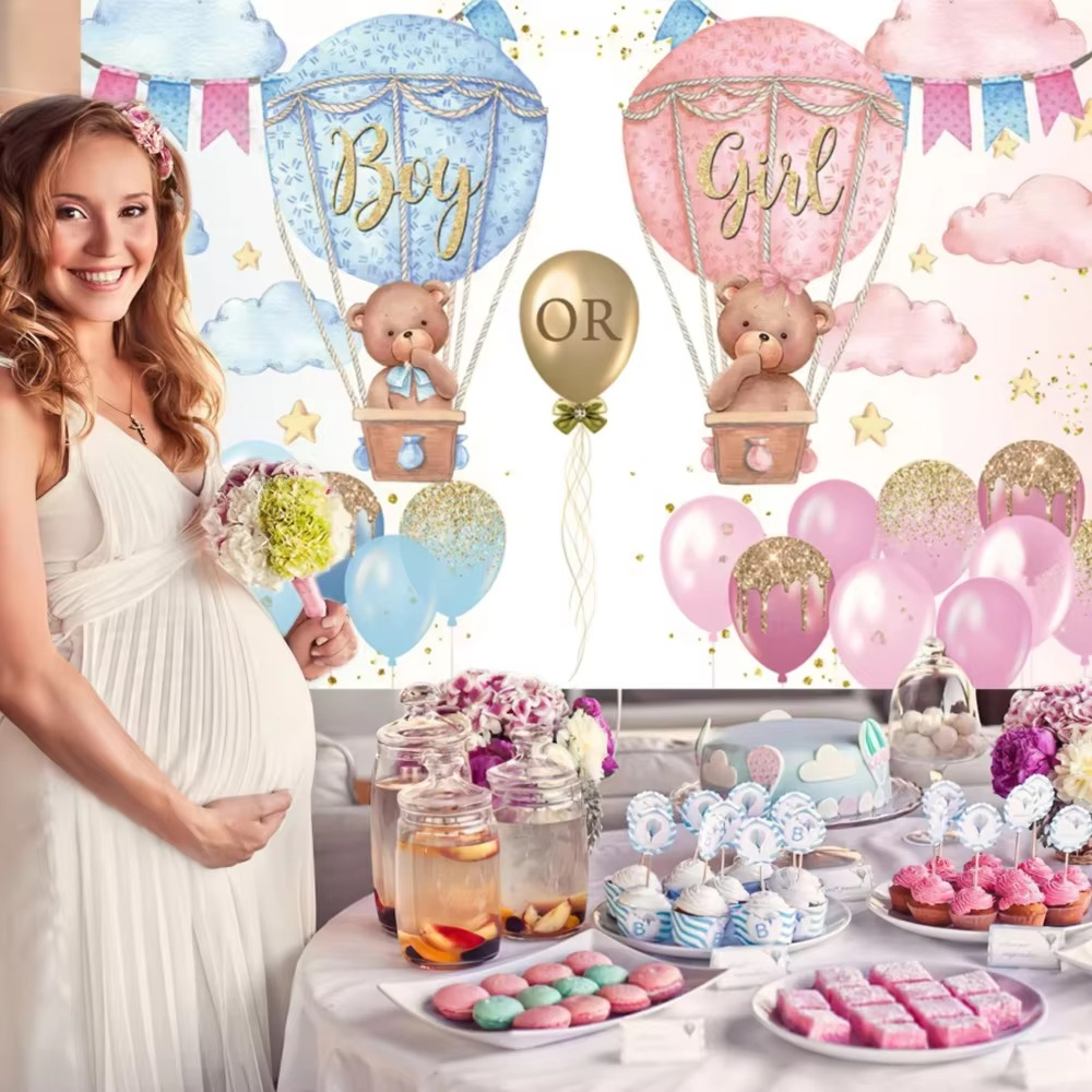 Gender Reveal He or She Banner – Fish & Bear Theme Baby Shower Backdrop – Boy or Girl Party Decoration Banner – Newborn Birthday Photo Booth Background