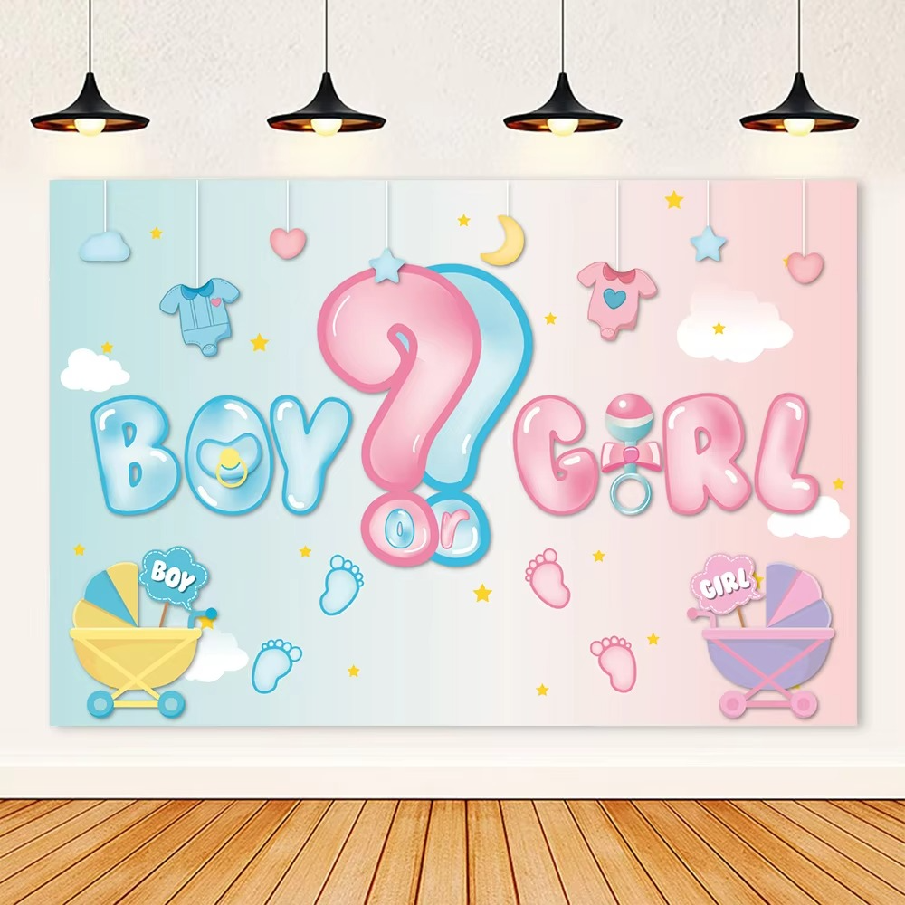 Gender Reveal He or She Banner – Fish & Bear Theme Baby Shower Backdrop – Boy or Girl Party Decoration Banner – Newborn Birthday Photo Booth Background