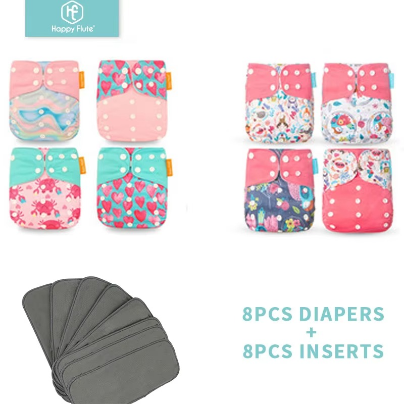 8 diapers+8 Inserts Baby Cloth Diapers One Size Adjustable Washable Reusable Cloth Nappy For Baby Girls and Boys