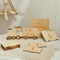 Baby Wooden Train Milestone Cards with Storage Box – 0-12 Months Monthly Milestone Markers – Newborn Photography Props – Baby Birthday Decoration & Keepsake Gift