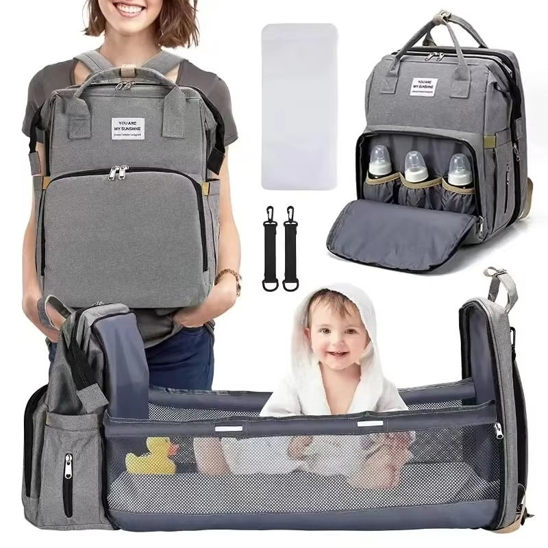 Foldable Diaper Bag Backpack with Changing Station – Portable Baby Bed, Insulated Bottle Pockets & Large Capacity Multifunction Mommy Backpack