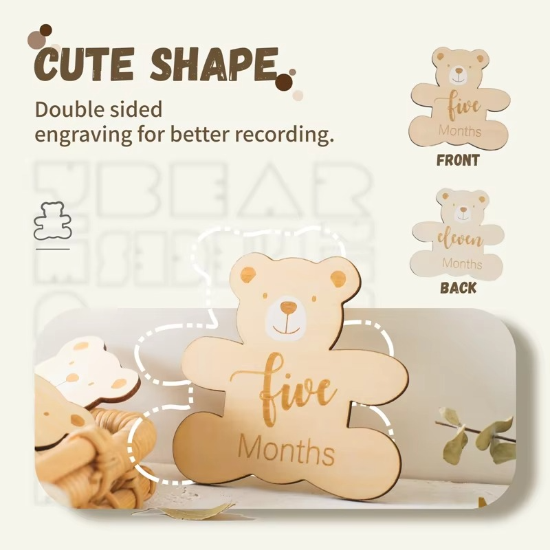 7PCS Wooden Baby Milestone Cards Set – 0-12 Months Monthly Milestone Markers – Cute Bear Shape Newborn Photography Props – Baby Shower Gift & Nursery Keepsake