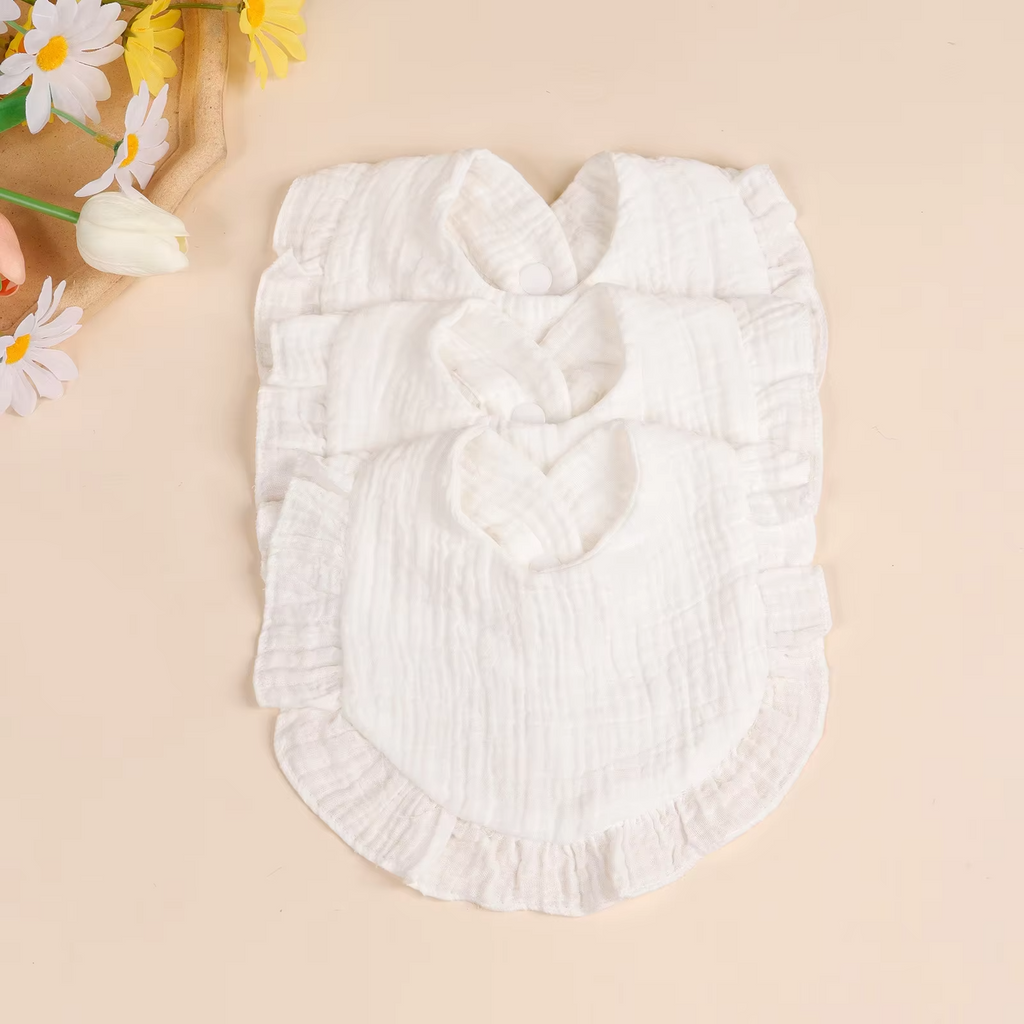 3PCS Newborn Cotton Ruffle Bib Set – Soft Baby Drool Bibs, Burp Cloths & Saliva Towels – Cute Feeding Bibs for Infants & Toddlers