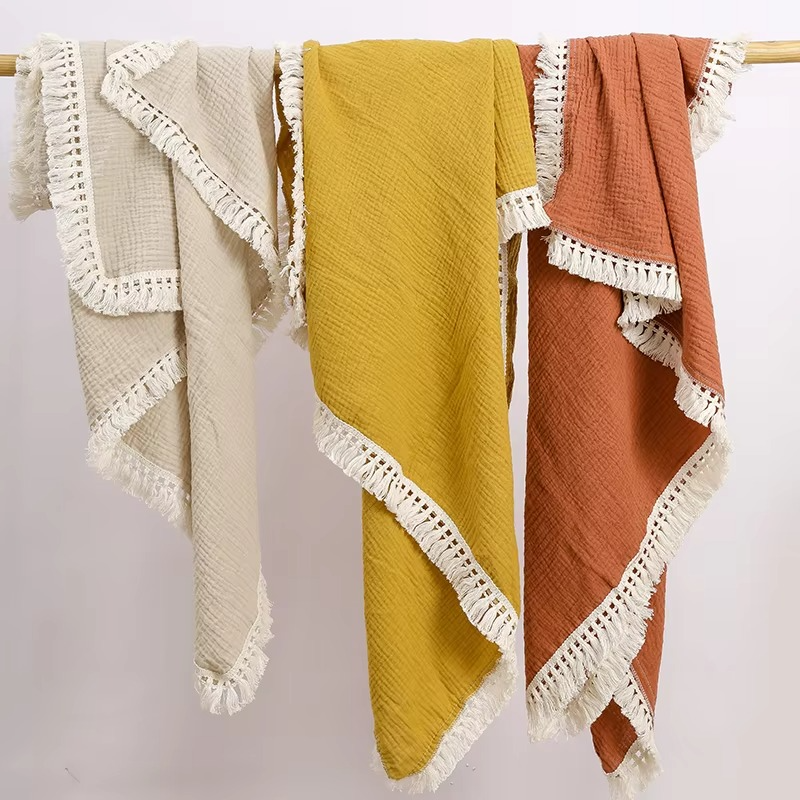 Cotton Muslin Swaddle Blanket with Tassels – Soft Newborn Receiving Blanket – Breathable Infant Sleeping Quilt, Baby Bed Cover & Stroller Blanket