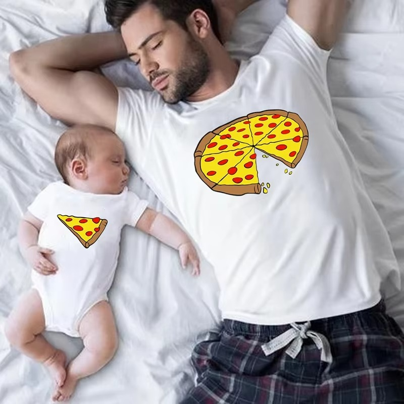 Summer Family Matching Pizza Shirts – Dad Mom Baby Matching T-Shirts – Funny Pizza Print Family Clothes – Father Mother Daughter Son Short Sleeve Matching Outfit