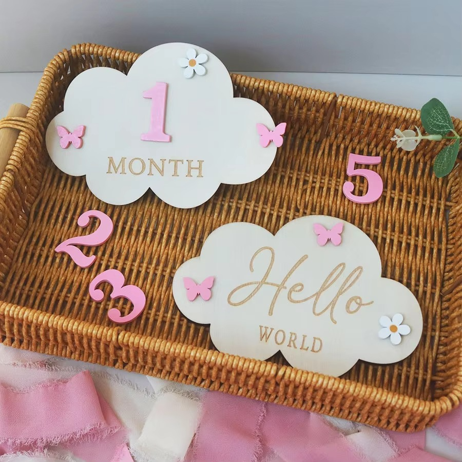2PCS Newborn Photography Props – Wooden Baby Birth Announcement Signs – Custom Baby Name Announcement Plaques – Baby Memorial Keepsake & Baby Shower Gift