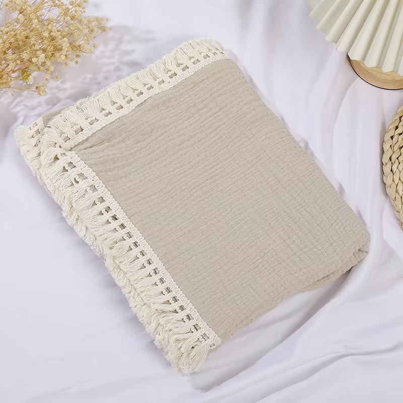 Cotton Muslin Swaddle Blanket with Tassels – Soft Newborn Receiving Blanket – Breathable Infant Sleeping Quilt, Baby Bed Cover & Stroller Blanket