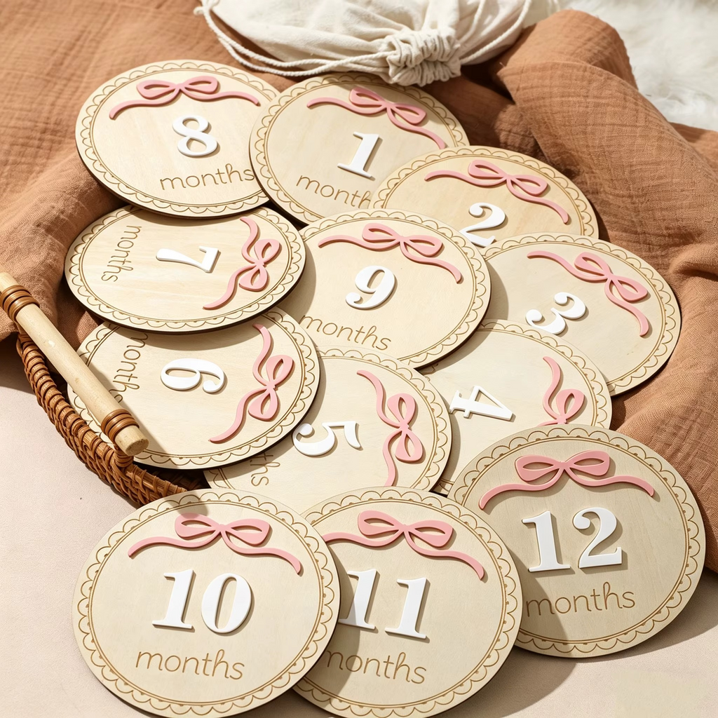 12PCS Wooden Baby Milestone Cards 1-12 Months – Monthly Milestone Discs for Newborn Photography – Baby Keepsake Memory Markers – Baby Shower Gift & Photo Props