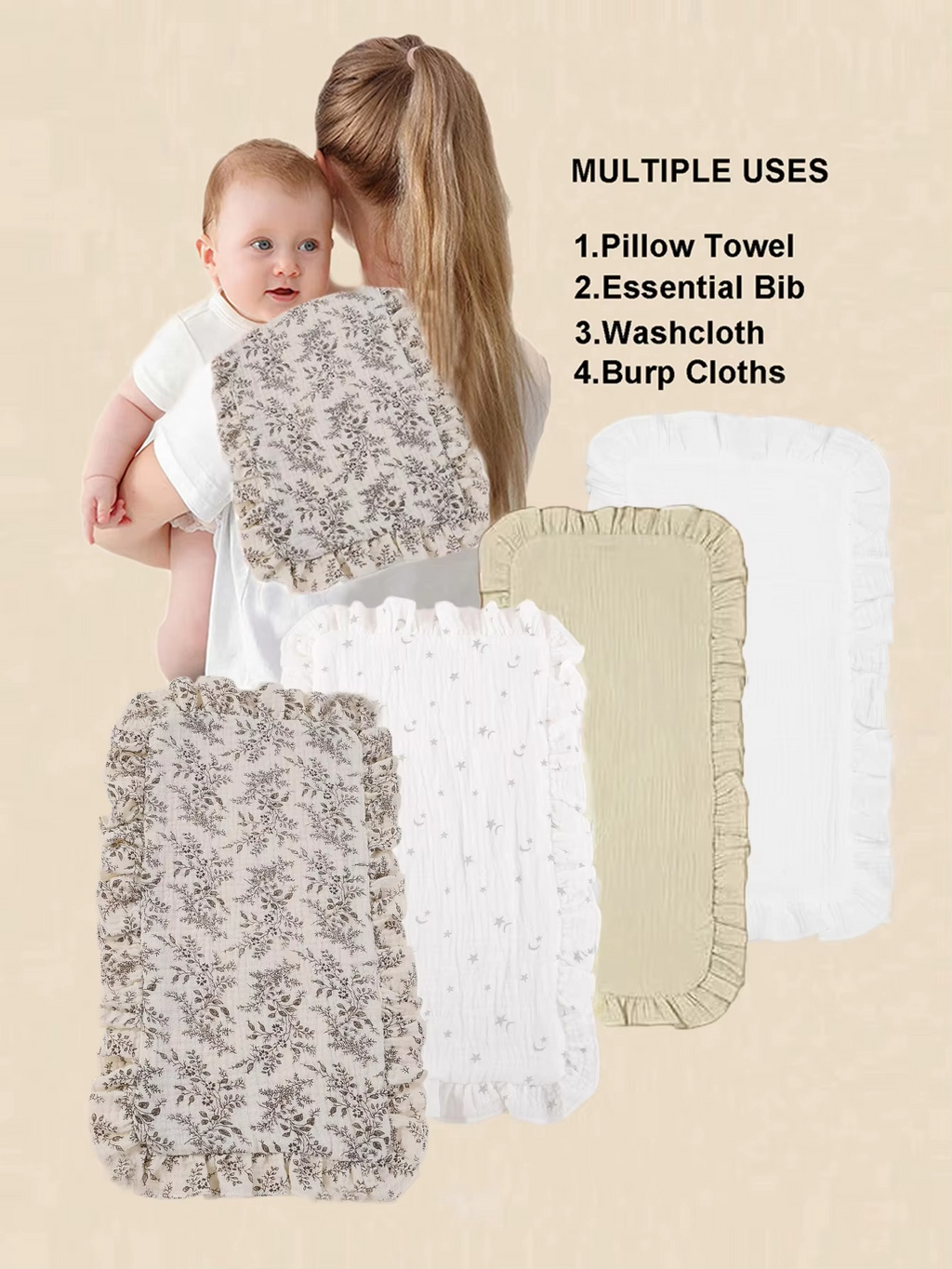 4PCS Muslin Cotton Burp Cloth Set – Soft Gauze Baby Burping Pads with Ruffled Edges – Absorbent Shoulder Cloths for Newborns & Infants
