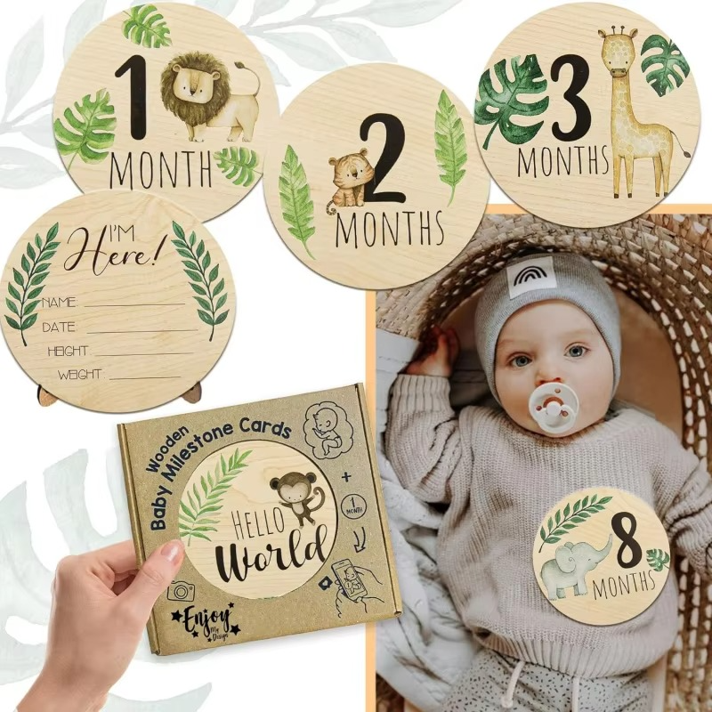 7PCS Wooden Baby Monthly Milestone Cards with Announcement Sign – Newborn Milestone Markers 0-12 Months – Pregnancy Announcement & Baby Shower Gift for Boys and Girls