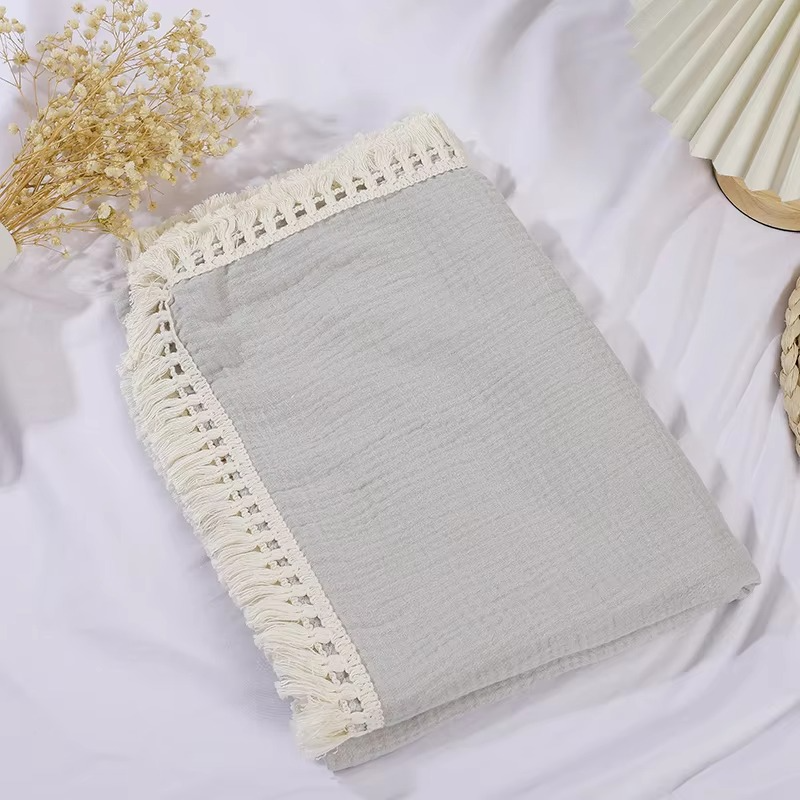Cotton Muslin Swaddle Blanket with Tassels – Soft Newborn Receiving Blanket – Breathable Infant Sleeping Quilt, Baby Bed Cover & Stroller Blanket
