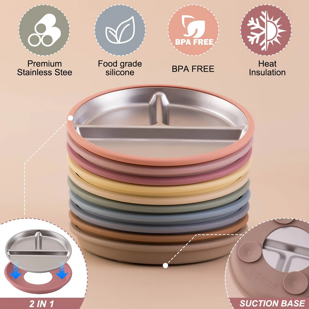 Color Kids Stainless Steel Suction Plate – Detachable Food-Grade Silicone Base – Baby Feeding Plate for Toddlers, Non-Slip Divided Tableware