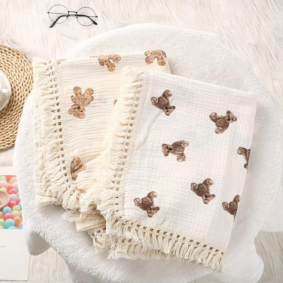 Baby Swaddle Blanket – Pure Cotton Muslin Wrap – Soft Newborn Receiving Blanket with Tassel – Breathable Crib Bedding & Stroller Cover for Infants