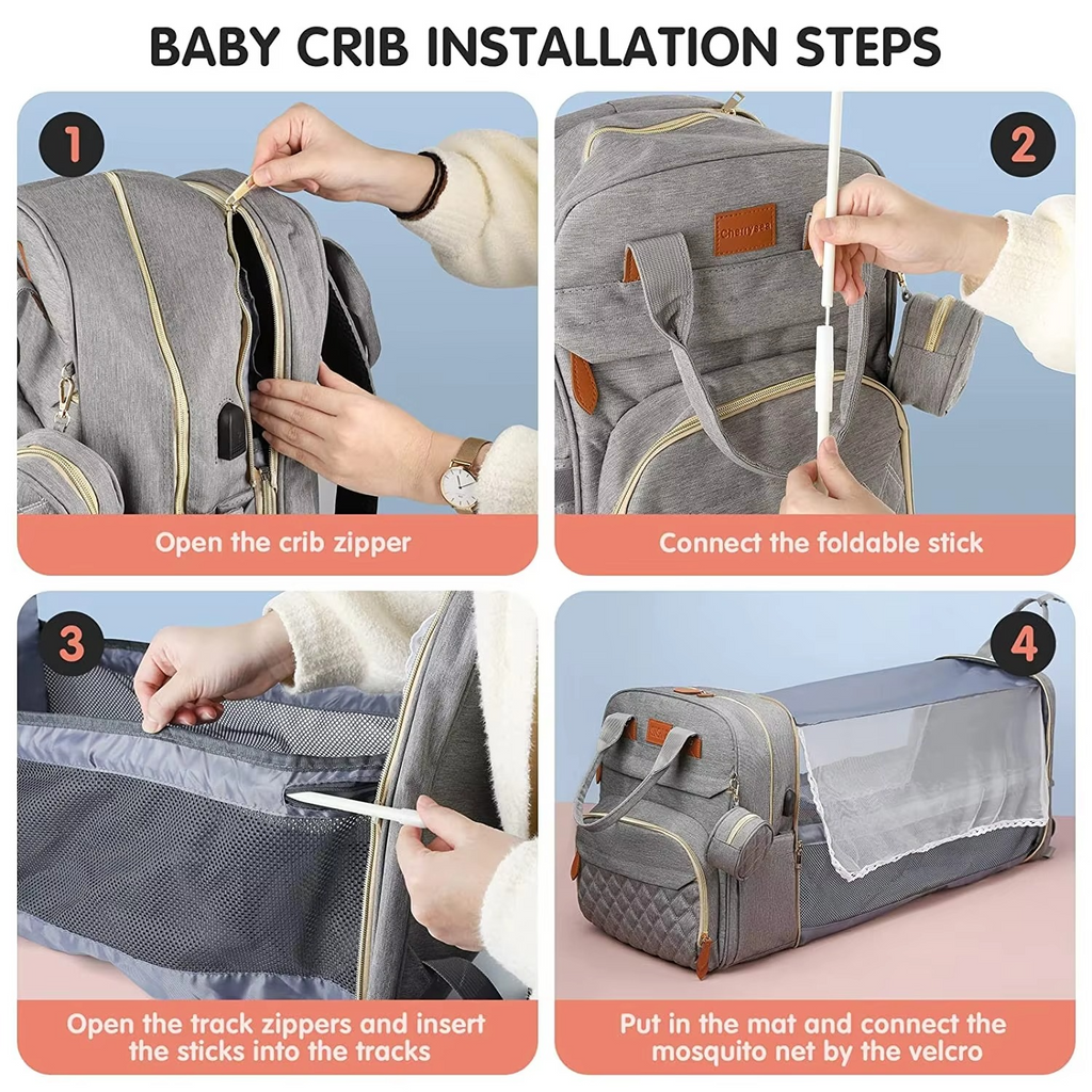 3-in-1 Diaper Bag Backpack with Foldable Baby Bed – Waterproof Travel Maternity Bag with Changing Station & USB Charging Port – Multifunction Baby Nappy Backpack