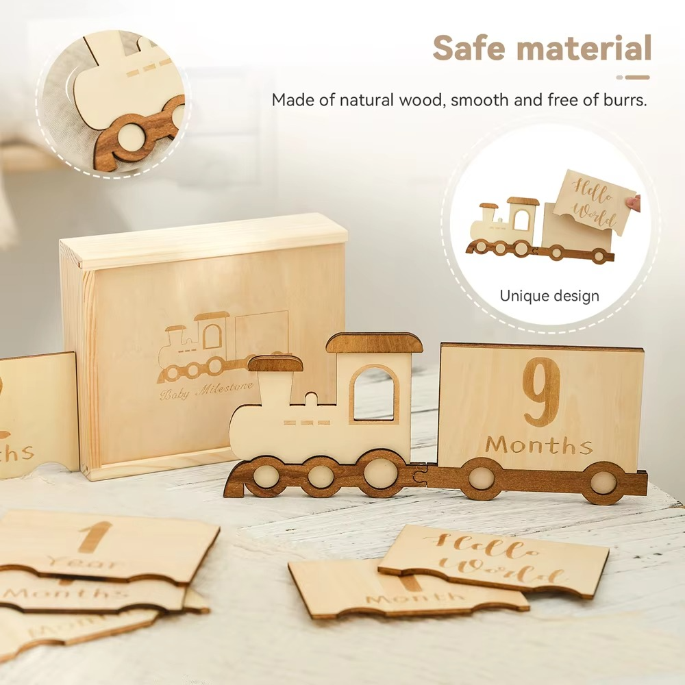 Baby Wooden Train Milestone Cards with Storage Box – 0-12 Months Monthly Milestone Markers – Newborn Photography Props – Baby Birthday Decoration & Keepsake Gift