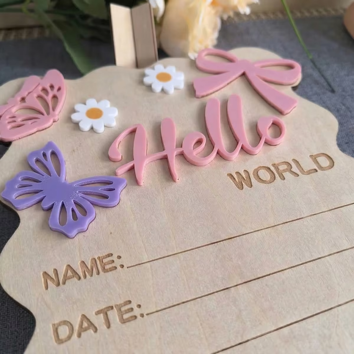 Boho Floral Butterfly Wave Edge Baby Birth Announcement Sign – Natural Wood Photo Prop with Raised Acrylic Letters – “Hello World” Newborn Milestone Board