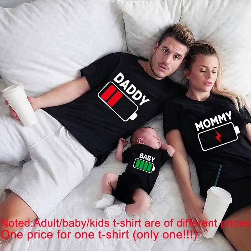 Kawaii Battery Print Family Matching Shirts – Daddy Mommy Daughter Son Baby Matching T-Shirts – Cotton Dad Mom and Me Family Outfits – Cute Family Look Tees