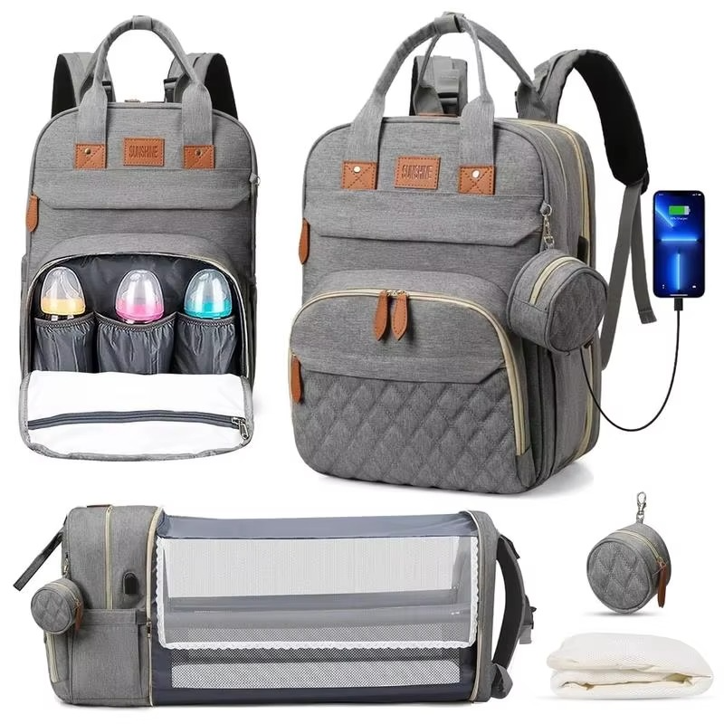 3-in-1 Diaper Bag Backpack with Foldable Baby Bed – Waterproof Travel Maternity Bag with Changing Station & USB Charging Port – Multifunction Baby Nappy Backpack