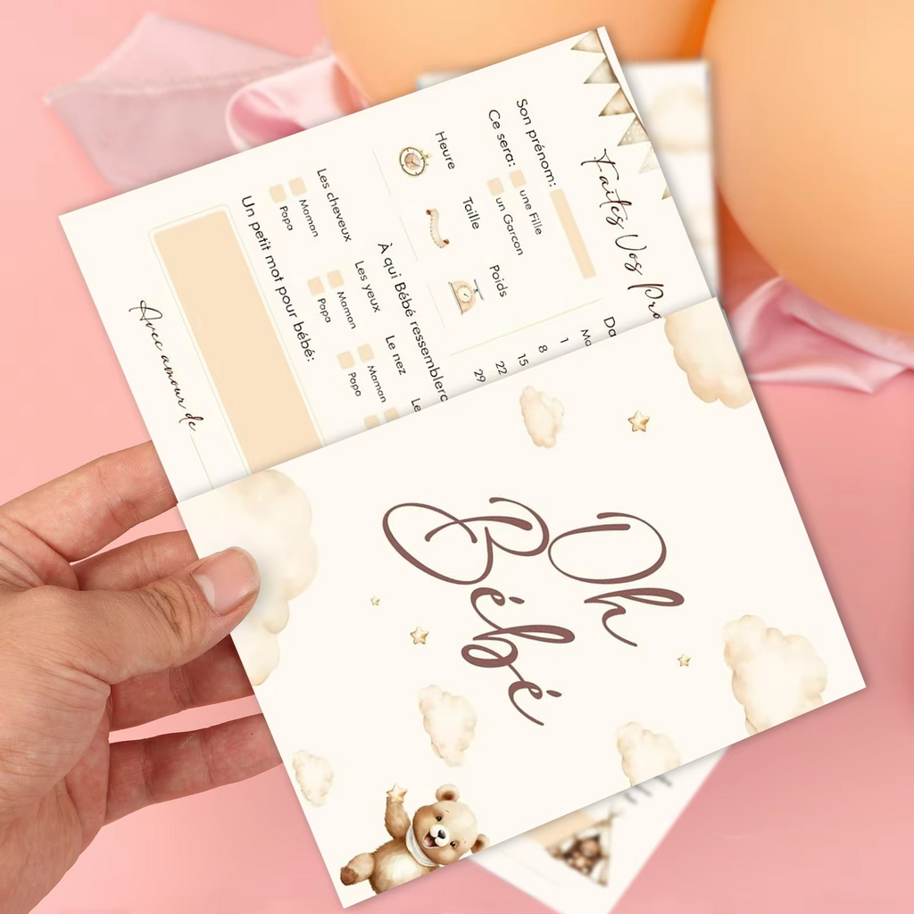 30PCS French Baby Shower Prediction Cards – Cute Bear Baby Guessing & Wishes Cards – Baby Shower Game for Predicting Name, Weight, Size & Birth Date