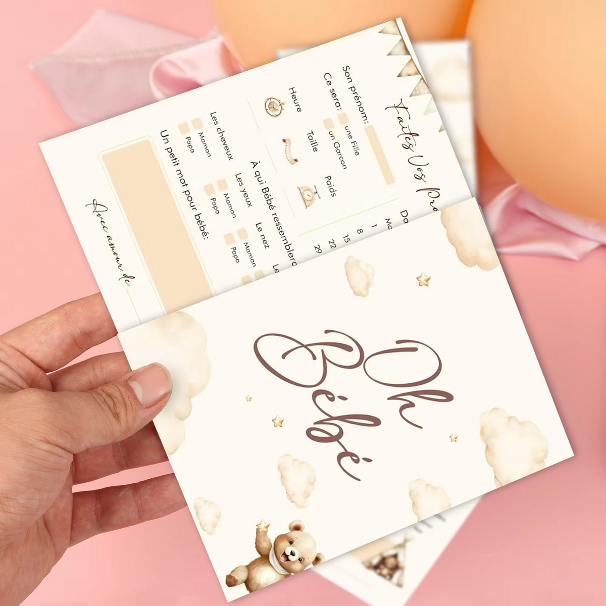 30PCS French Baby Shower Prediction Cards – Cute Bear Baby Guessing & Wishes Cards – Baby Shower Game for Predicting Name, Weight, Size & Birth Date