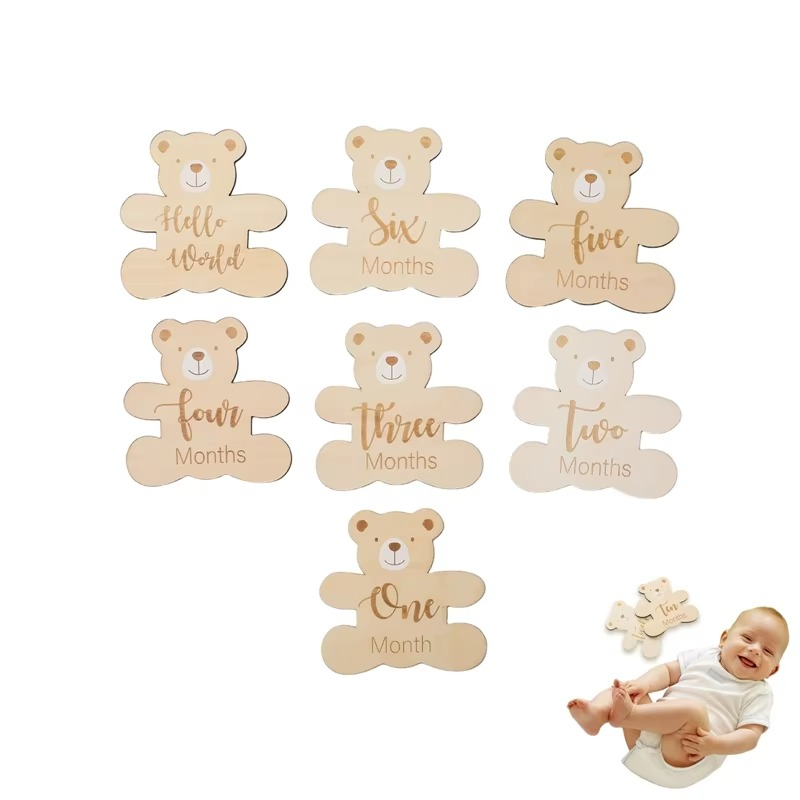 7PCS Wooden Baby Milestone Cards Set – 0-12 Months Monthly Milestone Markers – Cute Bear Shape Newborn Photography Props – Baby Shower Gift & Nursery Keepsake