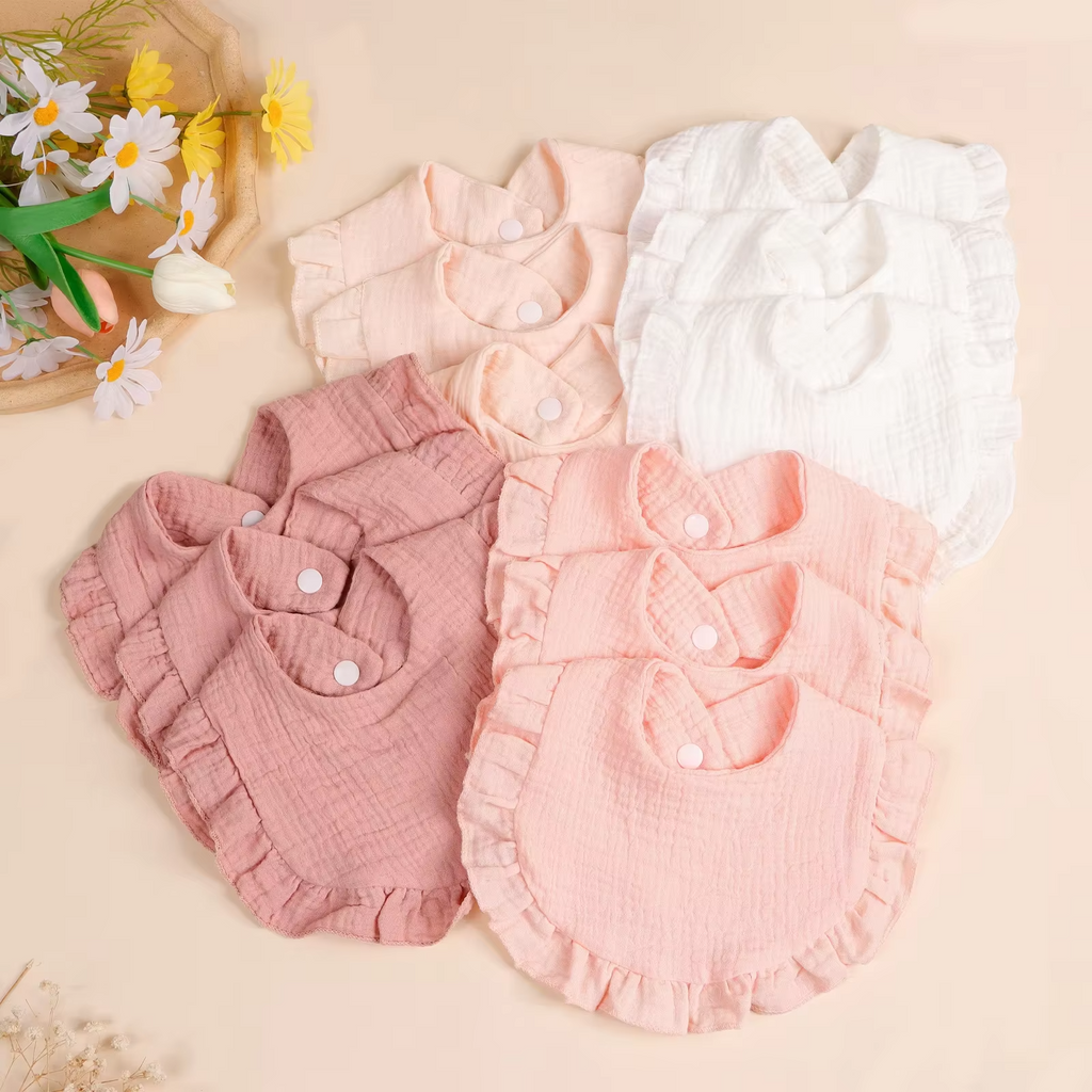 3PCS Newborn Cotton Ruffle Bib Set – Soft Baby Drool Bibs, Burp Cloths & Saliva Towels – Cute Feeding Bibs for Infants & Toddlers