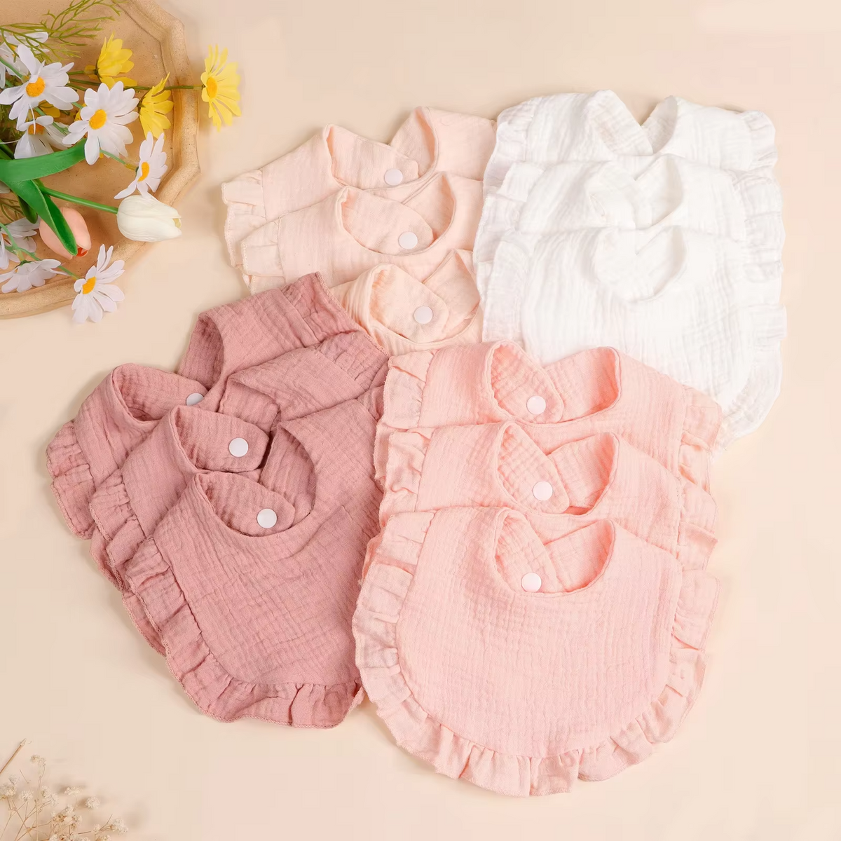 3PCS Newborn Cotton Ruffle Bib Set – Soft Baby Drool Bibs, Burp Cloths & Saliva Towels – Cute Feeding Bibs for Infants & Toddlers