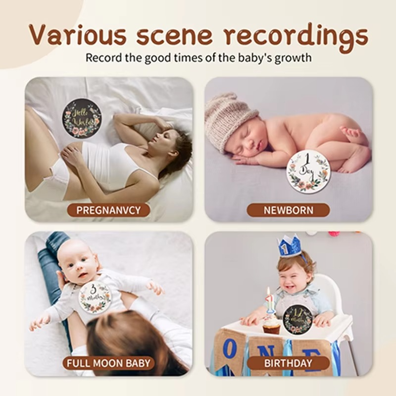 Wooden Baby Milestone Cards 0-12 Months – Cartoon Flower Shape Monthly Milestone Markers – Newborn Photography Props – Baby Growth Keepsake Gift