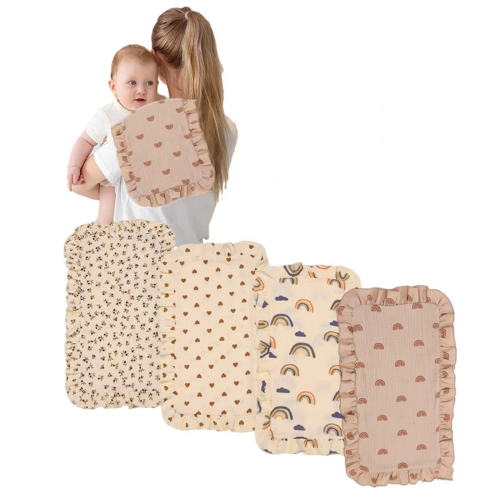 4PCS Muslin Cotton Burp Cloth Set – Soft Gauze Baby Burping Pads with Ruffled Edges – Absorbent Shoulder Cloths for Newborns & Infants