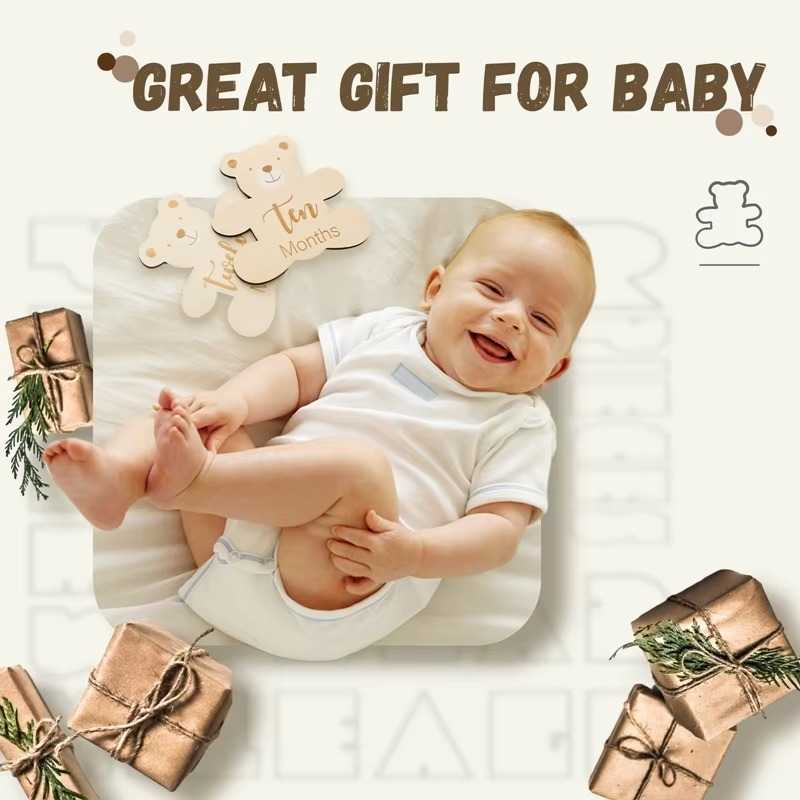 7PCS Wooden Baby Milestone Cards Set – 0-12 Months Monthly Milestone Markers – Cute Bear Shape Newborn Photography Props – Baby Shower Gift & Nursery Keepsake