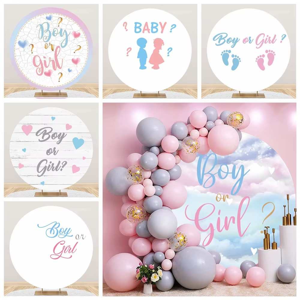 Boy or Girl Gender Reveal Round Backdrop Cover – Little Feet Baby Shower Background Banner with Balloons – Newborn Pregnancy Reveal Party Photography Decoration
