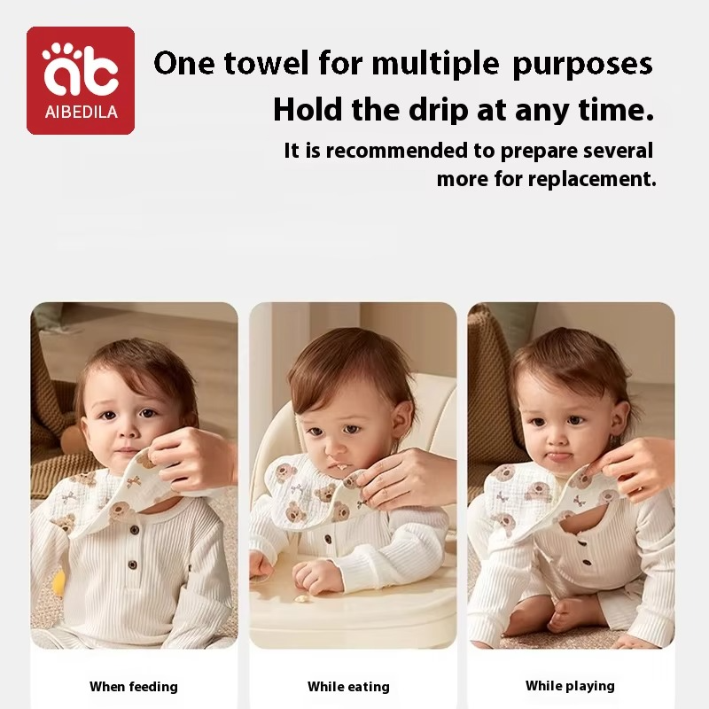 4PCS Baby Cotton Gauze Waterproof Bib Set – Soft Cartoon Infant Drool Bibs, Burp Cloths & Bandana Scarves for Baby Boys & Girls