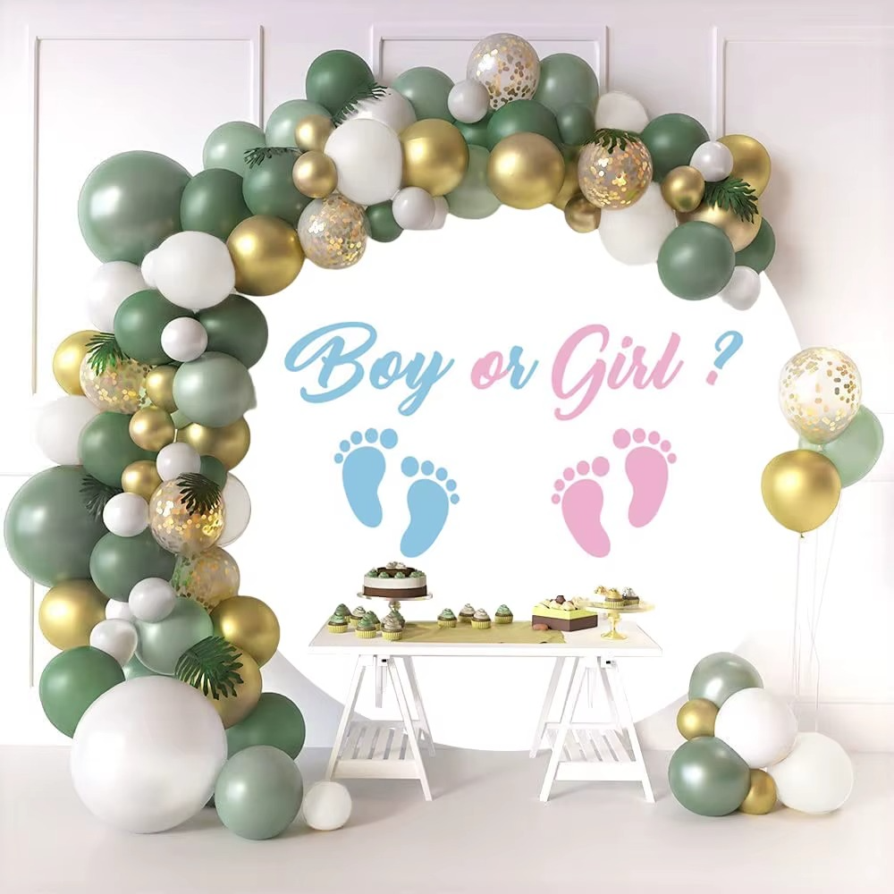 Boy or Girl Gender Reveal Round Backdrop Cover – Little Feet Baby Shower Background Banner with Balloons – Newborn Pregnancy Reveal Party Photography Decoration
