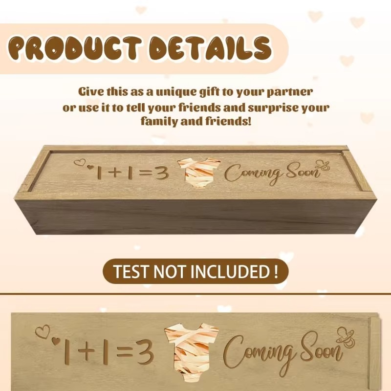 1PC Pregnancy Announcement Wooden Keepsake Box – Pregnancy Test Reveal Box with Slide Cover – Surprise Baby Announcement Gift for Dad, Grandparents & Family