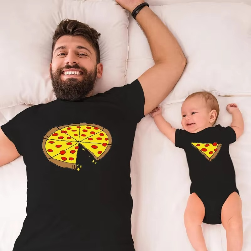 Summer Family Matching Pizza Shirts – Dad Mom Baby Matching T-Shirts – Funny Pizza Print Family Clothes – Father Mother Daughter Son Short Sleeve Matching Outfit
