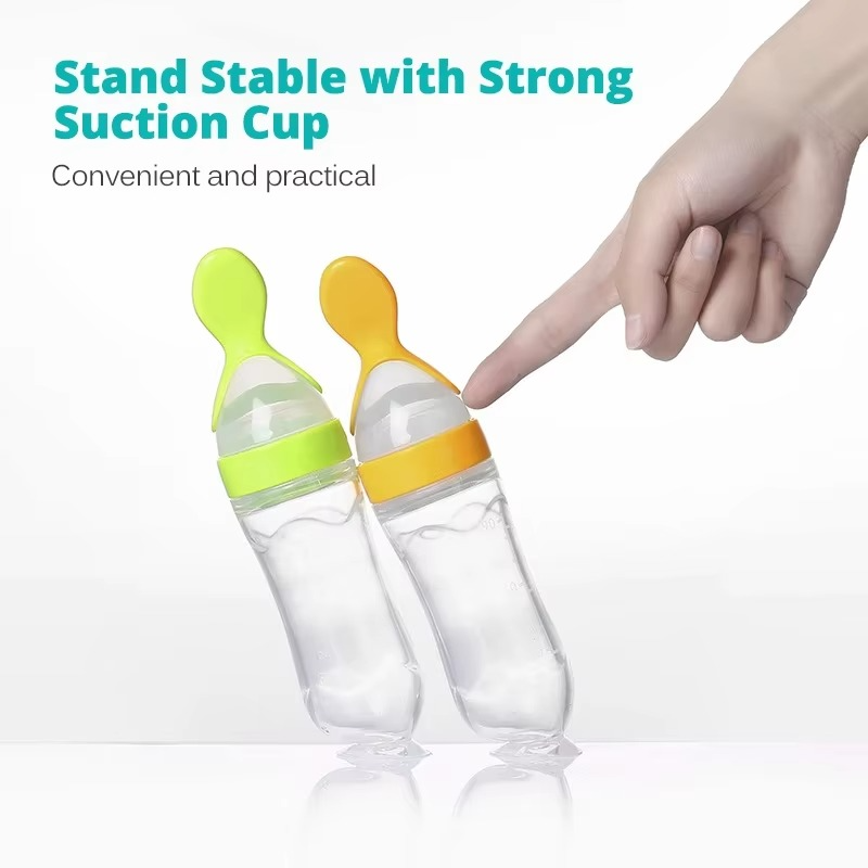Baby Squeeze Feeding Bottle with Silicone Spoon – Soft Baby Food Feeder for Puree Feeding – Toddler Training Cutlery & Newborn Feeding Accessories