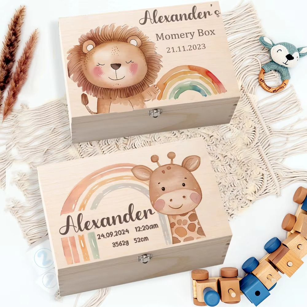 Personalized Wooden Keepsake Box with Custom Name – Animal Rainbow Memory Box for Kids – Custom Child Memory Storage Case – Birthday & Baby Shower Gift