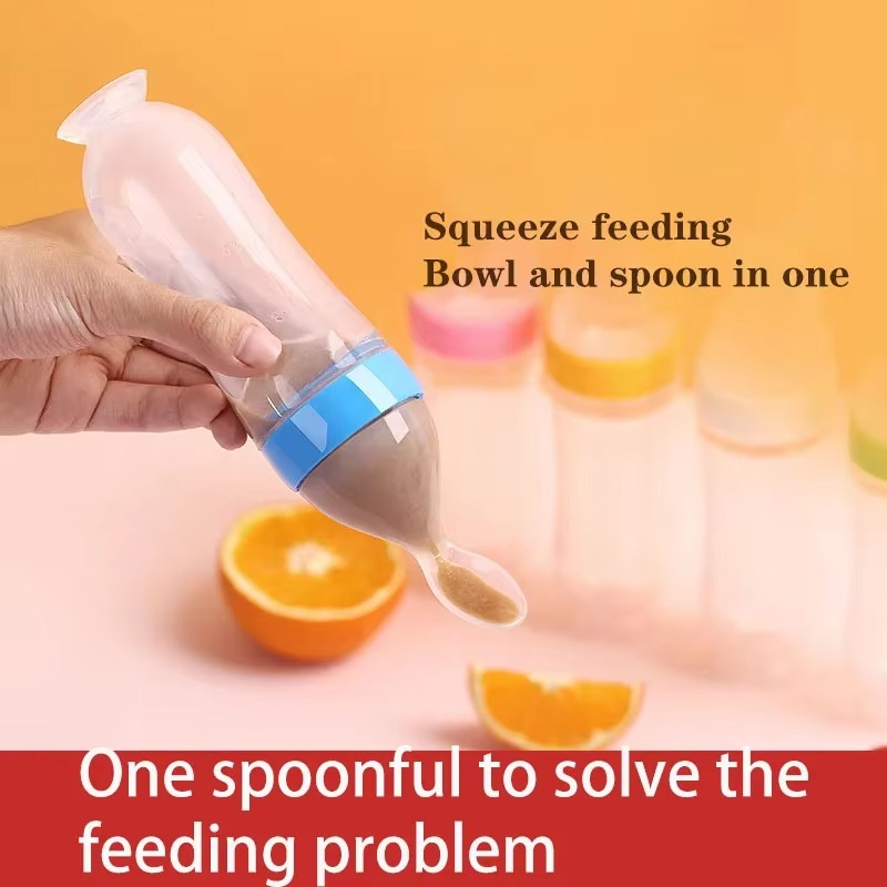 Baby Squeeze Feeding Bottle with Silicone Spoon – Soft Baby Food Feeder for Puree Feeding – Toddler Training Cutlery & Newborn Feeding Accessories