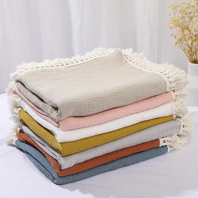 Cotton Muslin Swaddle Blanket with Tassels – Soft Newborn Receiving Blanket – Breathable Infant Sleeping Quilt, Baby Bed Cover & Stroller Blanket