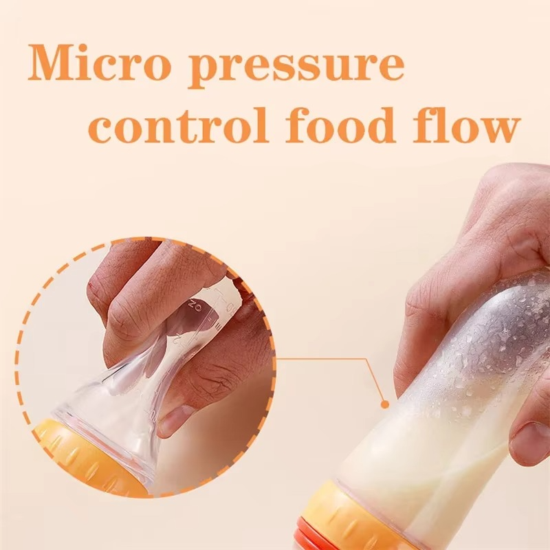 Baby Squeeze Feeding Bottle with Silicone Spoon – Soft Baby Food Feeder for Puree Feeding – Toddler Training Cutlery & Newborn Feeding Accessories