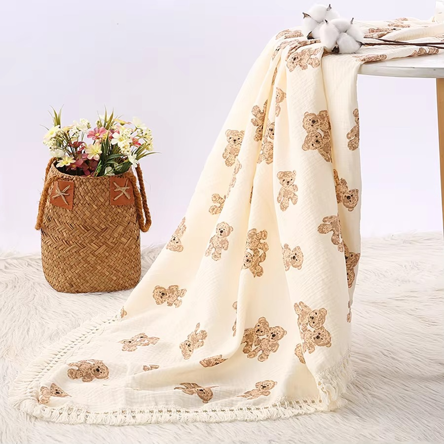Baby Swaddle Blanket – Pure Cotton Muslin Wrap – Soft Newborn Receiving Blanket with Tassel – Breathable Crib Bedding & Stroller Cover for Infants