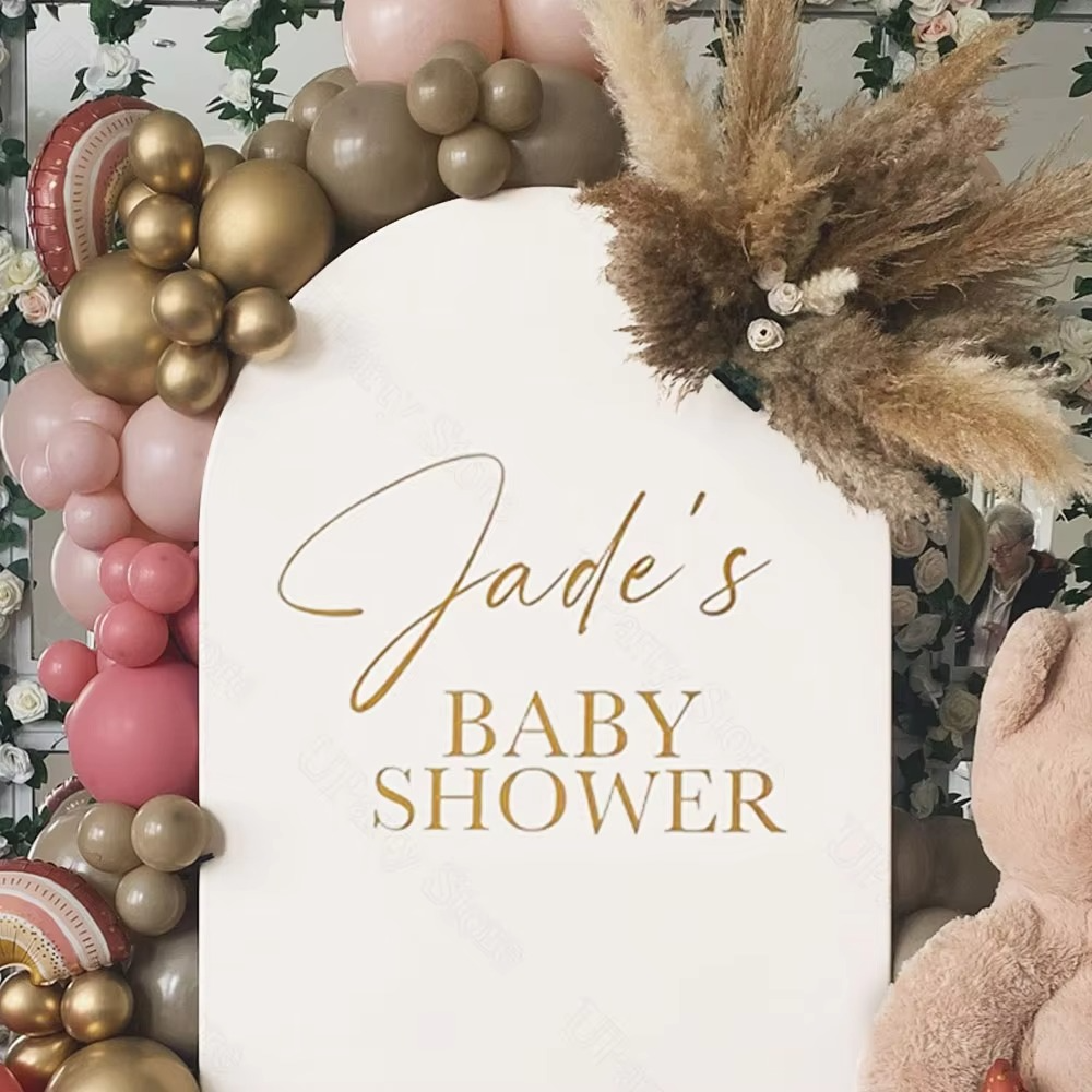 Custom Baby Shower Vinyl Name Sticker – Mirror Champagne Gold Personalized Decal for Baby Shower, Birthday, Baptism & Party Backdrop Decorations