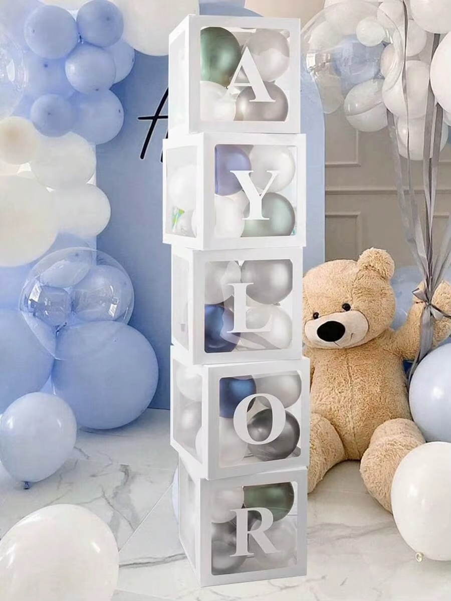 5PCS White Balloon Boxes with 52 A-Z Letters – Baby Shower Balloon Box Decoration – Gender Reveal, Birthday Party, Bridal Shower & Wedding Decor
