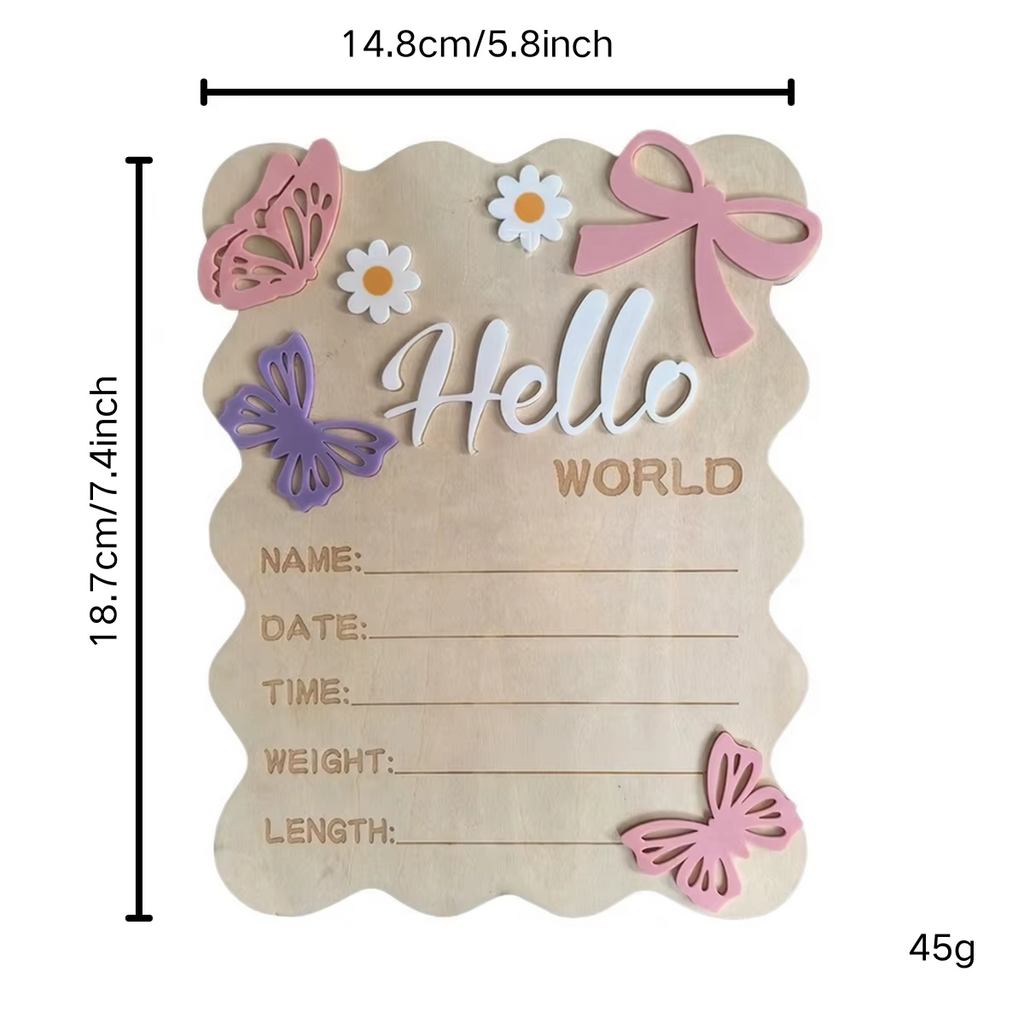 Boho Floral Butterfly Wave Edge Baby Birth Announcement Sign – Natural Wood Photo Prop with Raised Acrylic Letters – “Hello World” Newborn Milestone Board