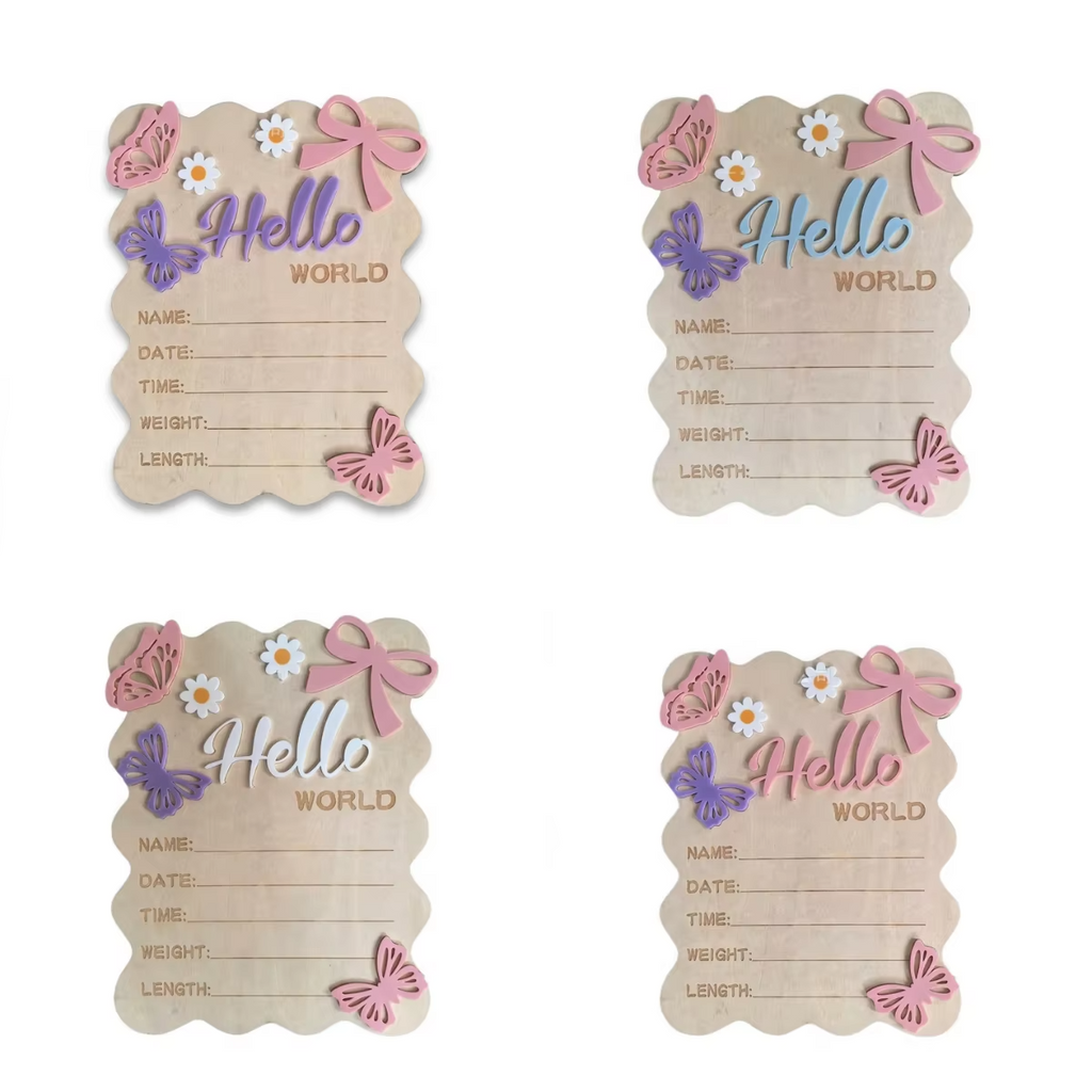 Boho Floral Butterfly Wave Edge Baby Birth Announcement Sign – Natural Wood Photo Prop with Raised Acrylic Letters – “Hello World” Newborn Milestone Board