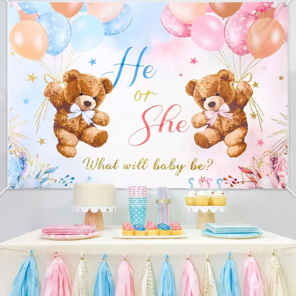 Gender Reveal He or She Banner – Fish & Bear Theme Baby Shower Backdrop – Boy or Girl Party Decoration Banner – Newborn Birthday Photo Booth Background