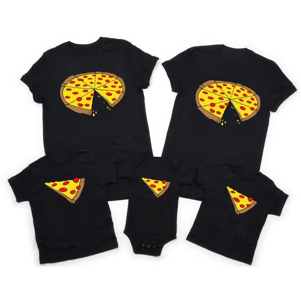 Summer Family Matching Pizza Shirts – Dad Mom Baby Matching T-Shirts – Funny Pizza Print Family Clothes – Father Mother Daughter Son Short Sleeve Matching Outfit