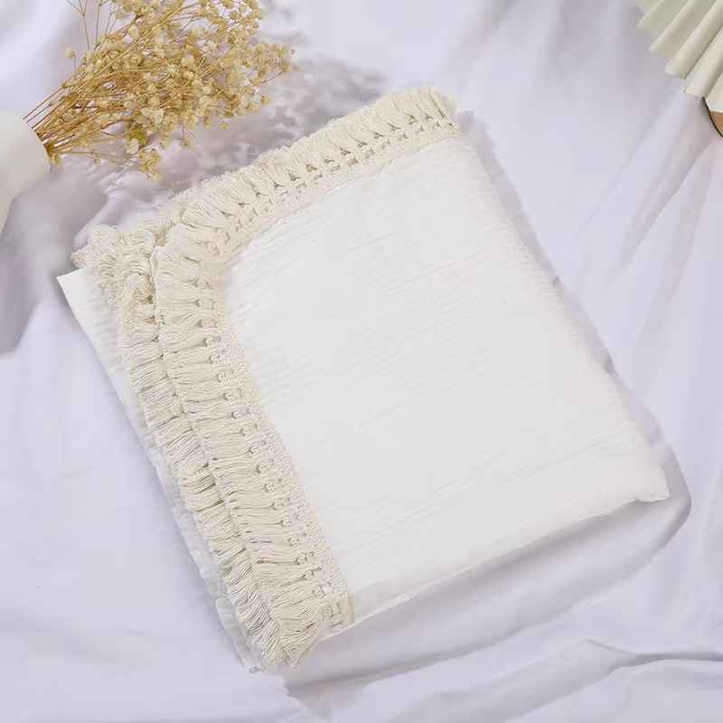 Cotton Muslin Swaddle Blanket with Tassels – Soft Newborn Receiving Blanket – Breathable Infant Sleeping Quilt, Baby Bed Cover & Stroller Blanket